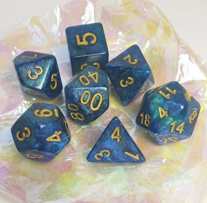 Blue nebula galaxy effect dungeons and dragons polyhedral dice set