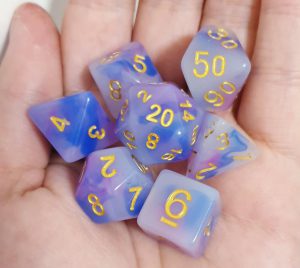 Blue purple opal effect dungeons and dragons polyhedral dice set