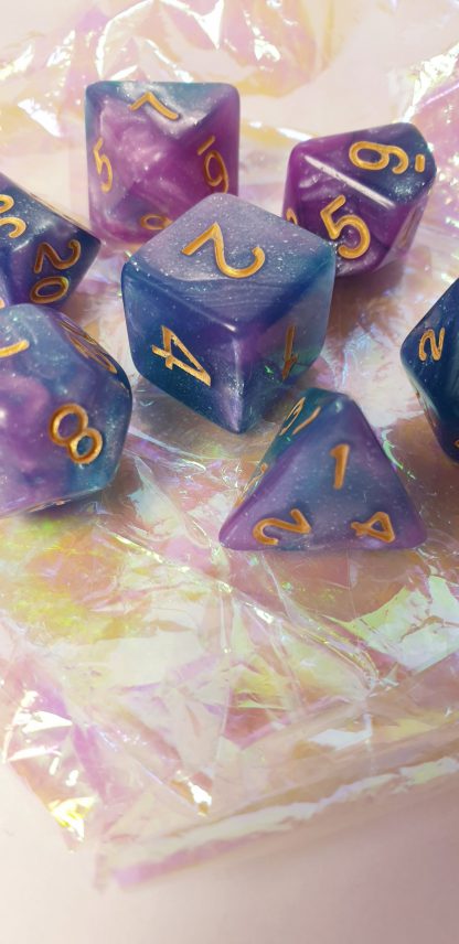 Purple aqua blue nebula galaxy effect polyhedral dungeons and dragons dice set