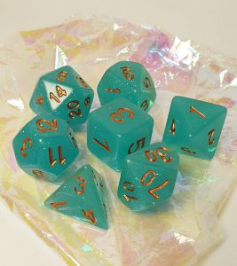 Aqua glitter polyhedral dungeons and dragons dice set