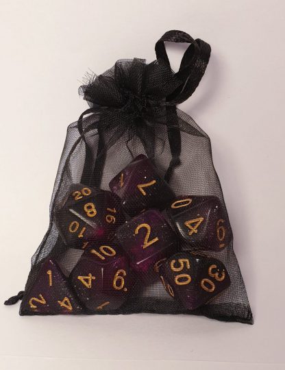 Purple and black nebula galaxy effect polyhedral dungeons and dragons dice set