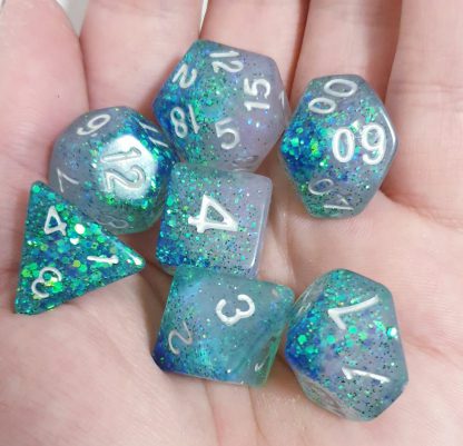 Handmade polyhedral dungeons and dragons dice set in aqua and pearl with glitter
