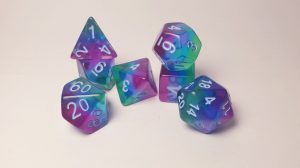 Jester purple green blue dungeons and dragons polyhedral dice set