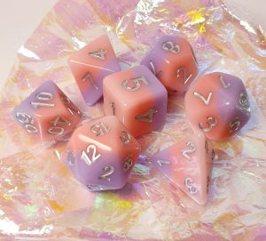 Pink and purple dungeons and dragons polyhedral dice set