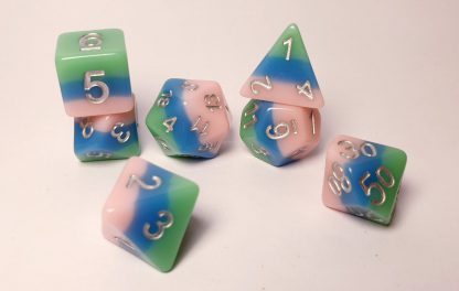 Pink, blue, green dungeons and dragons polyhedral dice set