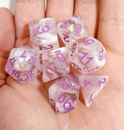 Pink iridescent dungeons and dragons polyhedral dice set
