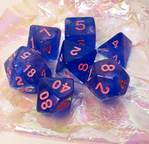 Blue and pink nebula galaxy effect dungeons and dragons polyhedral dice set