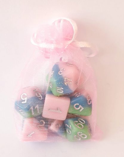 Pink, blue, green dungeons and dragons polyhedral dice set