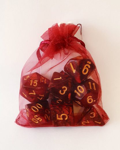 Red and black marble effect dungeons and dragons polyhedral dice set