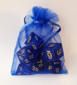 Blue and gold polyhedral dungeons and dragons dice set