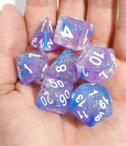 Purple, blue and glitter dungeons and dragons polyhedral dice set