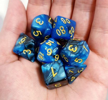 Blue and black marble effect dungeons and dragons polyhedral dice set