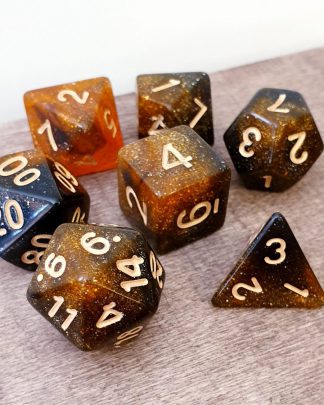 Orange and black nebula galaxy effect dungeons and dragons polyhedral dice set