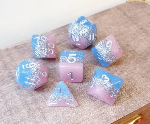 Pink, blue and silver glitter dungeons and dragons polyhedral dice set