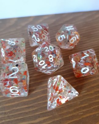Autumn speckled orange and green polyhedral dungeons and dragons dice set