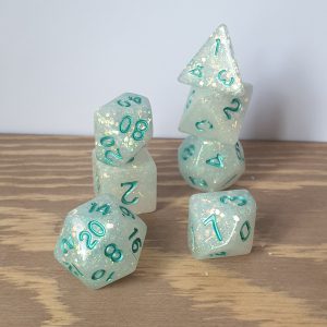 Icy Winds white and iridescent glitter handmade polyhedral dungeons and dragons dice set