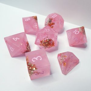 Pink Shake pink and rose gold sharp edge handmade polyhedral dungeons and dragons dice set