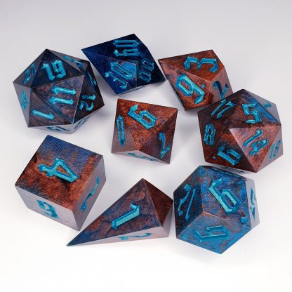 Copper and teal dirty pour sharp edge handmade polyhedral dungeons and dragons dice set