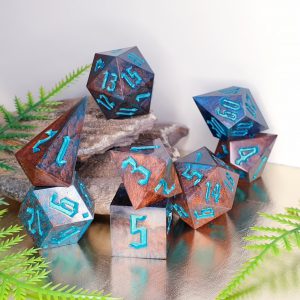 Copper and teal dirty pour sharp edge handmade polyhedral dungeons and dragons dice set