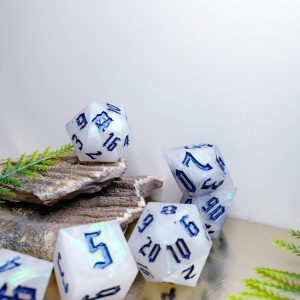 Opalescent white and iridescent sharp edge handmade polyhedral dungeons and dragons dice set